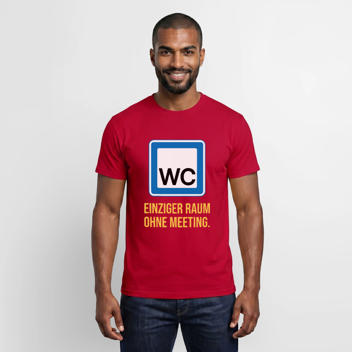 "WC: einziger Raum ohne Meeting. Schild-Motiv" Motiv-T-Shirt für Männer, Farbe Rot