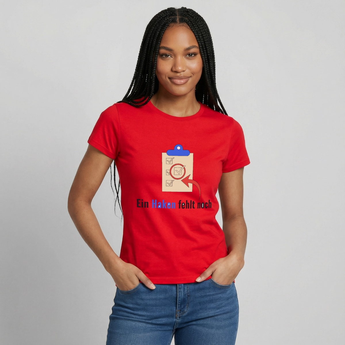 "Ein Haken fehlt noch." Motiv-T-Shirt für Frauen, Farbe Rot