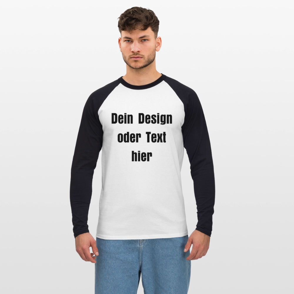 Männer Baseballshirt langarm - personalisierbare Vorder- und Rückseite - Weiß/Schwarz