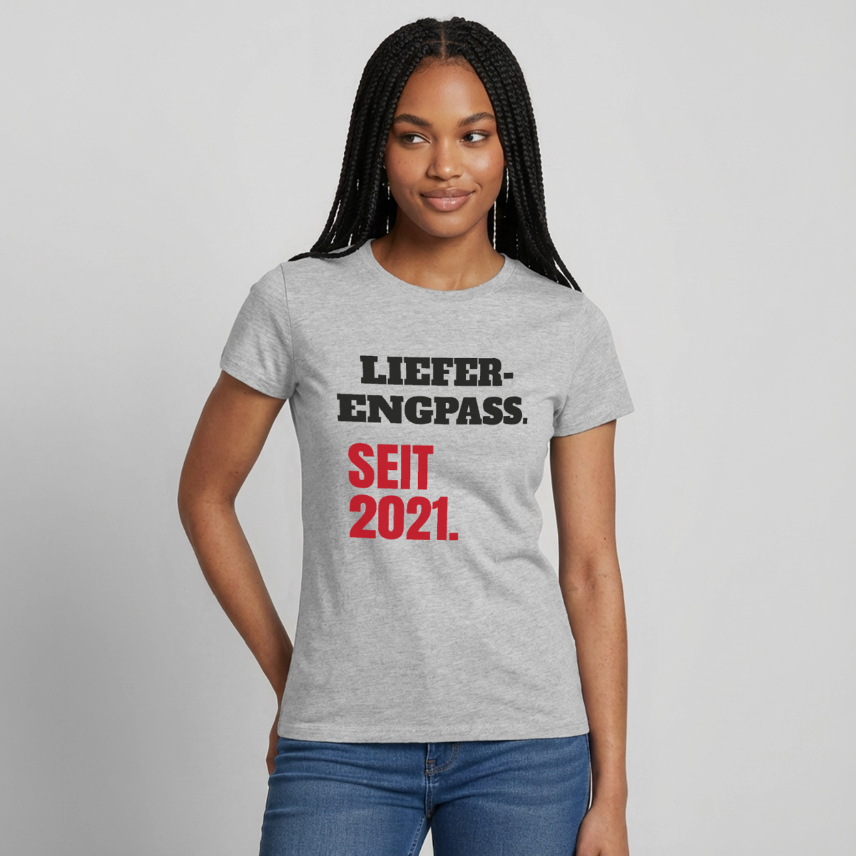 "Lieferengpass. Seit 2021." Motiv-T-Shirt für Frauen, Farbe Grau meliert
