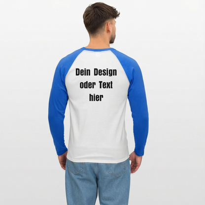 Männer Baseballshirt langarm - personalisierbare Vorder- und Rückseite - Weiß/Royalblau