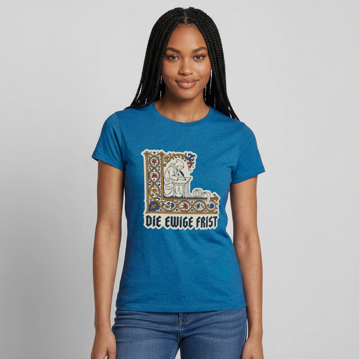 "Die ewige Frist. Buchmalerei-Motiv" Motiv-T-Shirt für Frauen, Farbe Antikblaues Saphir meliert