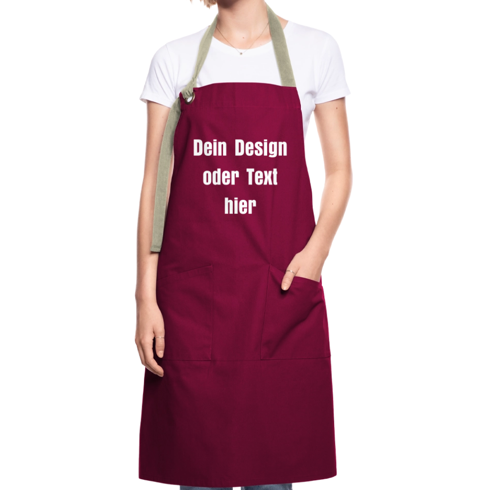 Kontrastschürze aus 100% Baumwolle, Metall - personalisierbar - Burgunderrot / Sandfarben