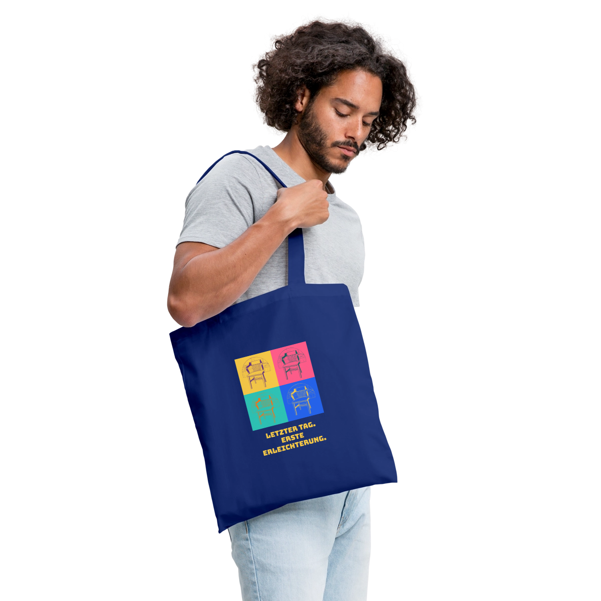 "Letzter Tag. Erste Erleichterung. Popart-Motiv" Stoffbeutel, Farbe Royalblau