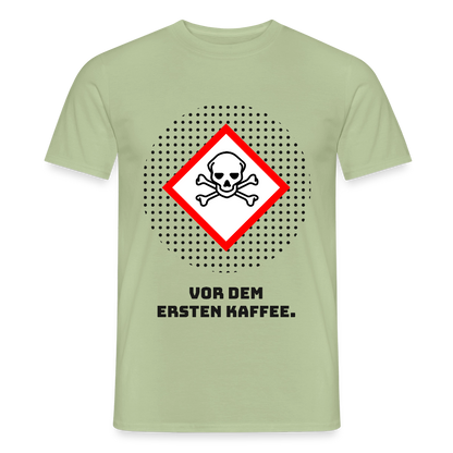 "Vor dem ersten Kaffee. Gefahrzeichen-Motiv" Motiv-T-Shirt für Männer, Farbe Sage