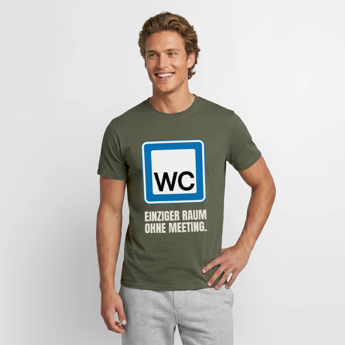 "WC: einziger Raum ohne Meeting." Motiv-T-Shirt für Männer, Farbe Militärgrün