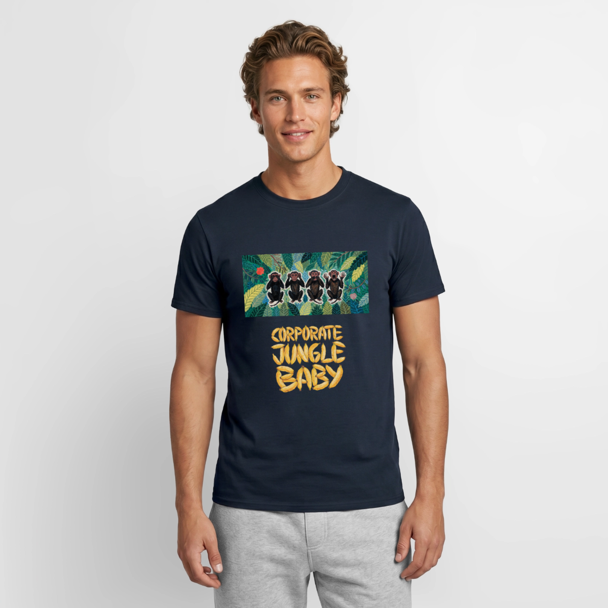 Corporate Jungle, Baby! Motiv-T-Shirt für Männer, Farbe Navy, Model