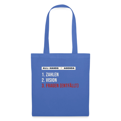 All-Hands-Agenda: 1 Zahlen, 2 Vision, 3 Fragen (entfällt) Stoffbeutel, Farbe Hellblau