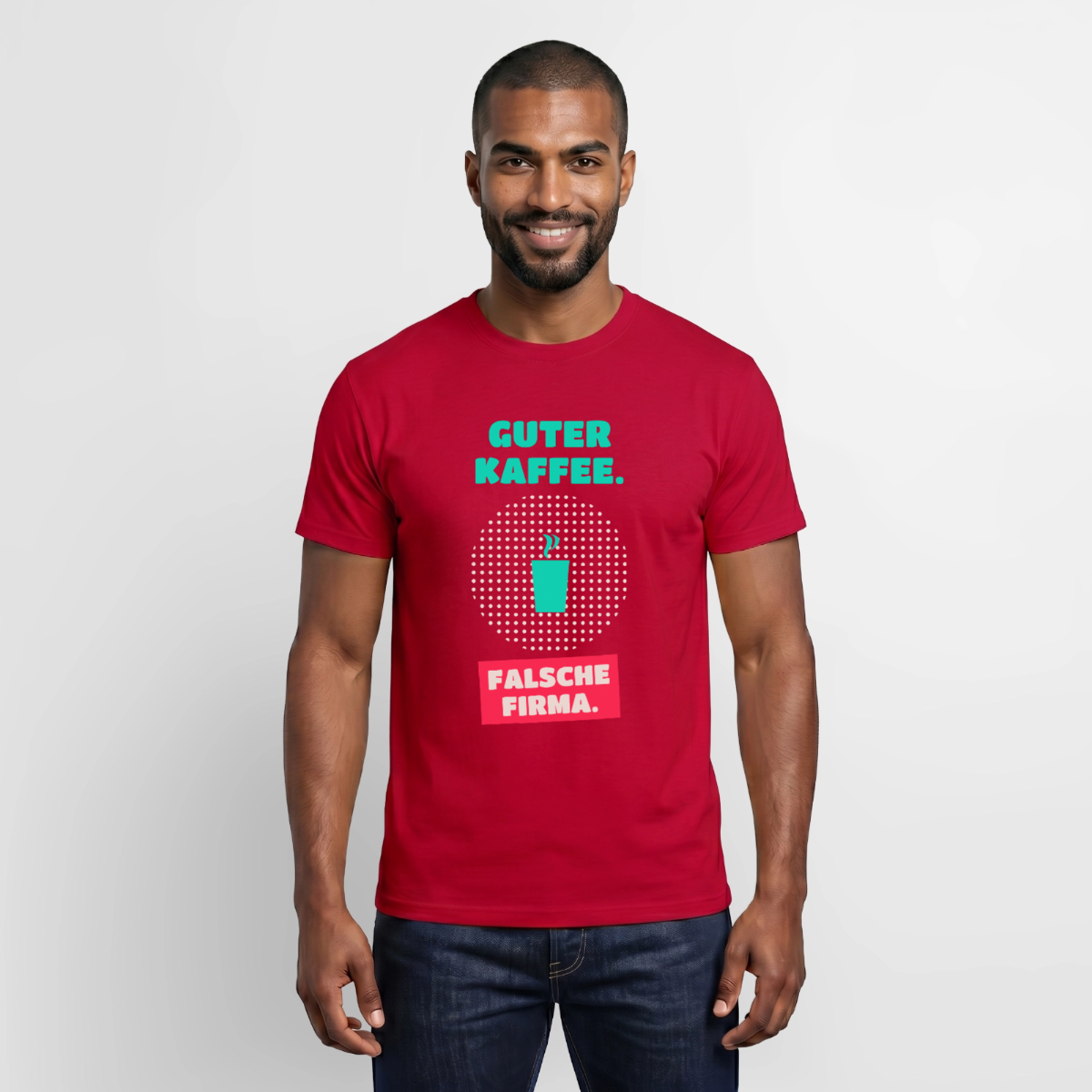 "Guter Kaffee. Falsche Firma." Motiv-T-Shirt für Männer, Farbe Rot