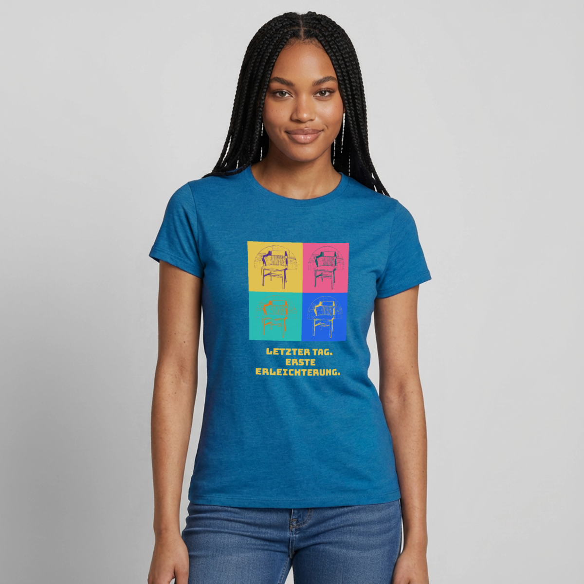 "Letzter Tag. Erste Erleichterung. Popart-Motiv" Motiv-T-Shirt für Frauen, Farbe Antikblaues Saphir meliert