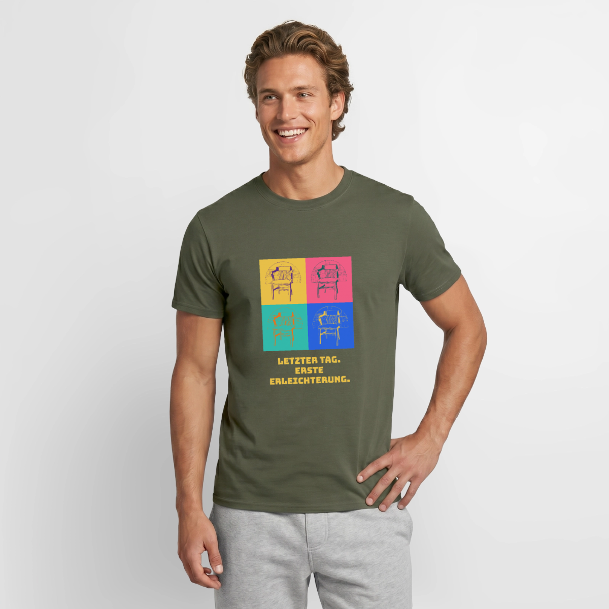"Letzter Tag. Erste Erleichterung. Popart-Motiv" Motiv-T-Shirt für Männer, Farbe Militärgrün