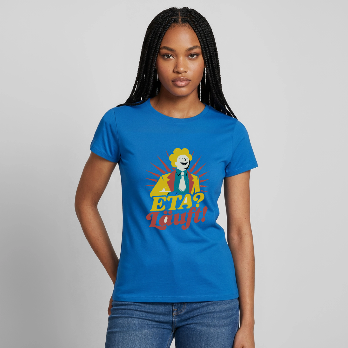 "ETA? Läuft! Midcentury-Motiv" Motiv-T-Shirt für Frauen, Farbe Royalblau
