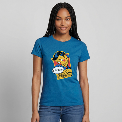 "ETA? Läuft! Popart-Motiv" Motiv-T-Shirt für Frauen, Farbe Antikblaues Saphir meliert