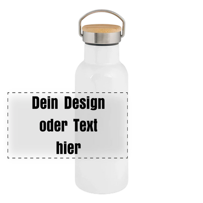 Thermosflasche mit Bambusdeckel - personalisierbar - Weiß