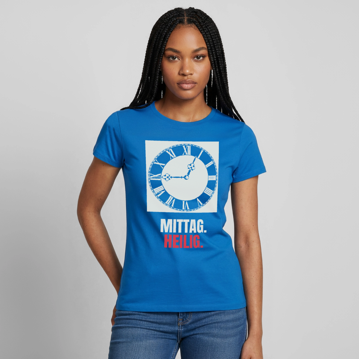 "Mittag. Heilig." Motiv-T-Shirt für Frauen, Farbe Royalblau