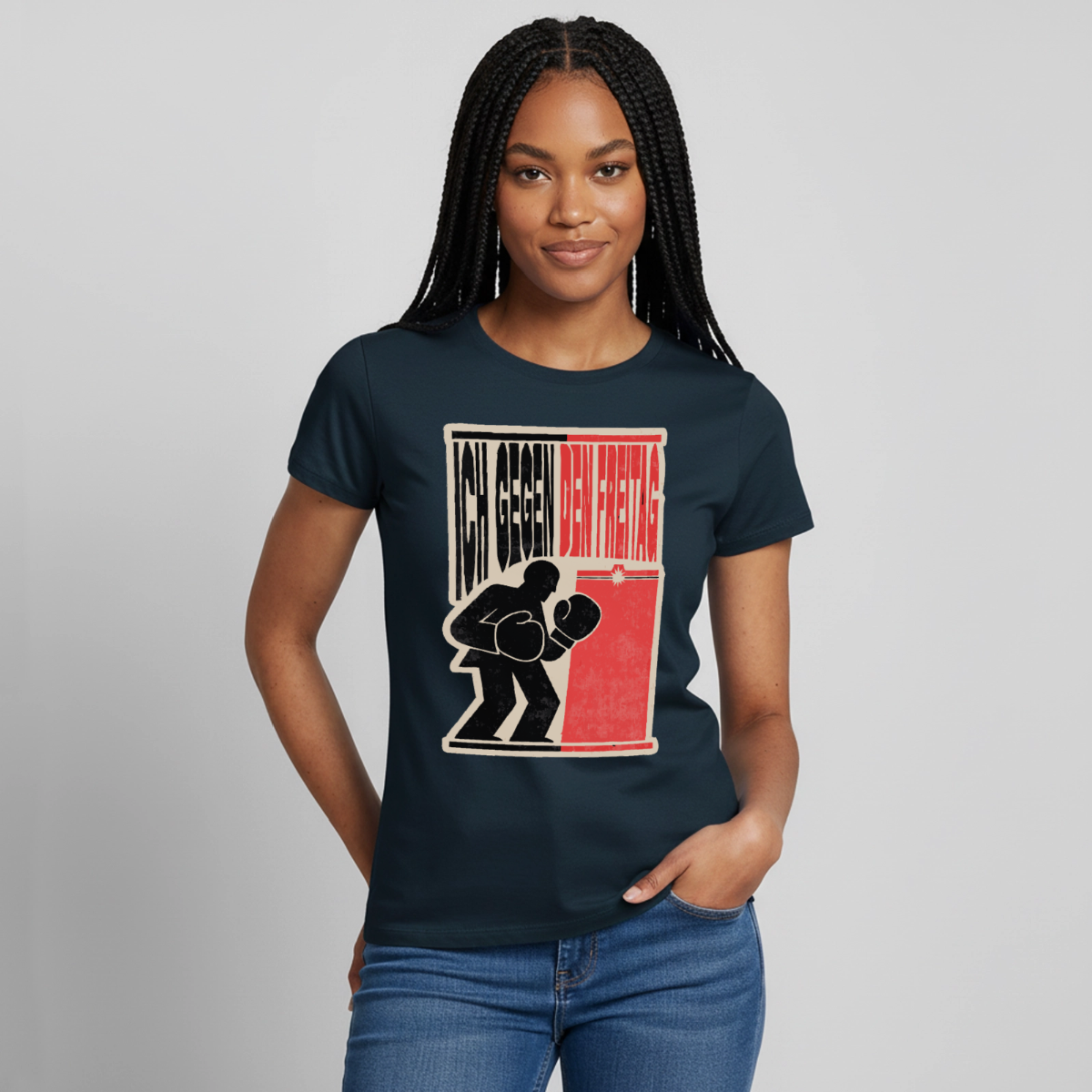 "Ich gegen den Freitag. Boxplakat-Motiv" Motiv-T-Shirt für Frauen, Farbe Navy