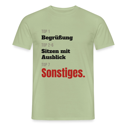 Top 1 Begrüßung, Top 2 bis 6 Sitzen mit Ausblick, Top 7 Sonstiges Motiv-T-Shirt für Männer, Farbe Sage