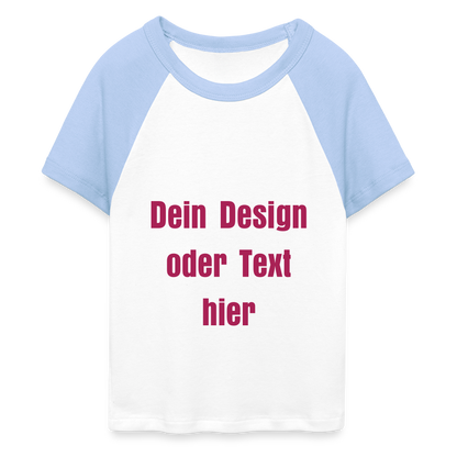 Frauen Cropped Baseball T-Shirt - personalisierbare Vorder- und Rückseite - Weiß/Hellblau