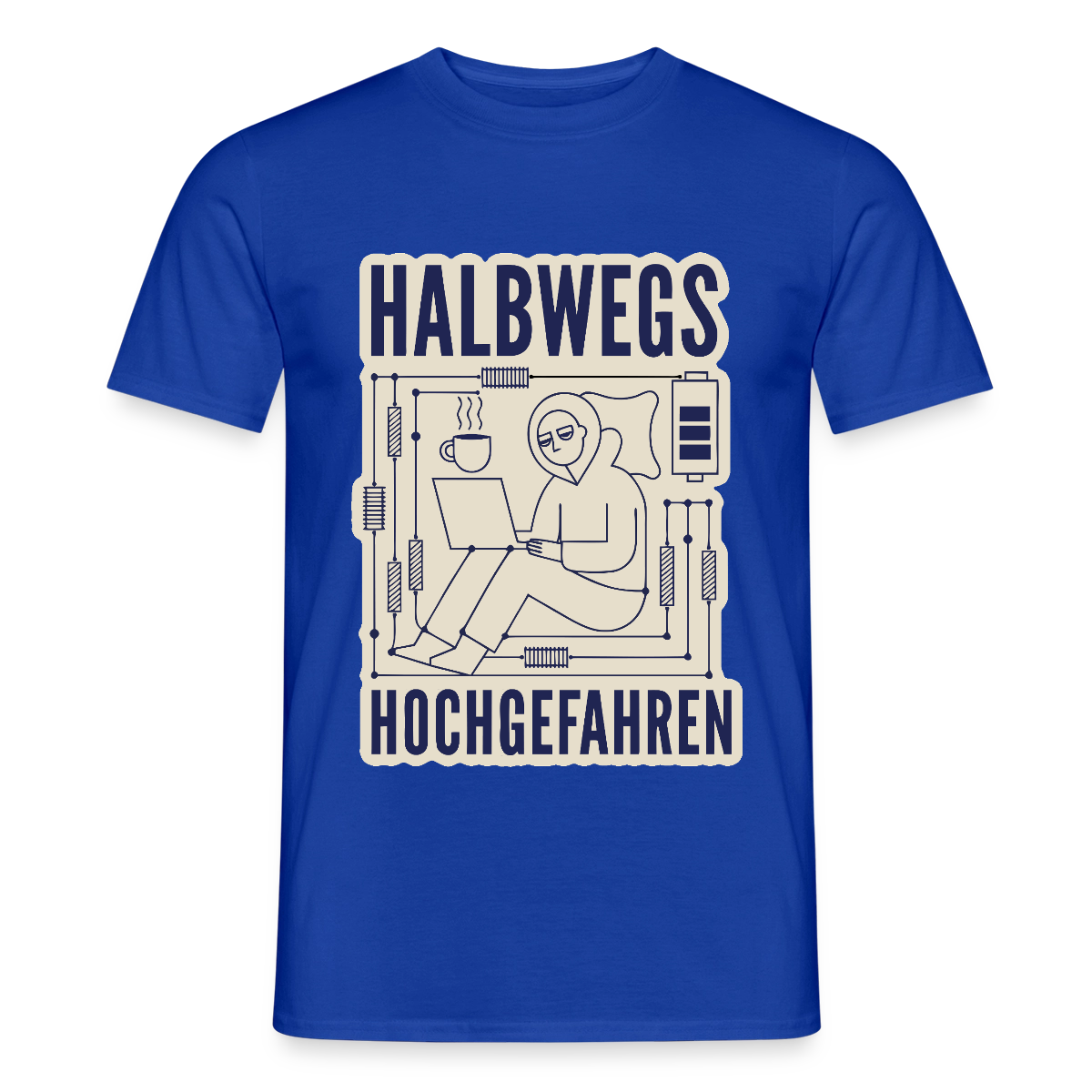 Halbwegs hochgefahren. Motiv-T-Shirt für Männer, Farbe Dunkelblau