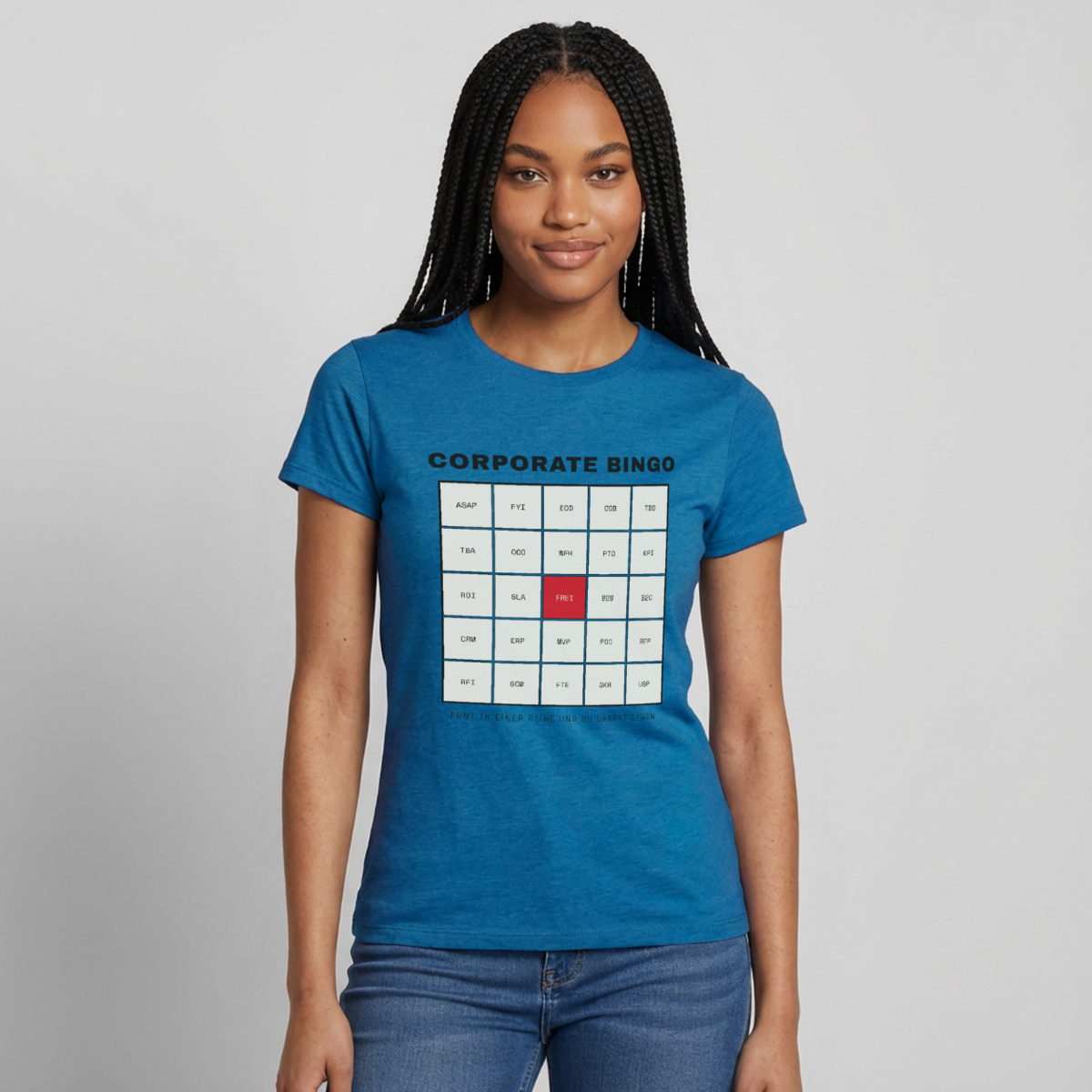 Corporate Bingo. Fünf in einer Reihe. Motiv-T-Shirt für Frauen, Farbe Antikblaues Saphir meliert, Model
