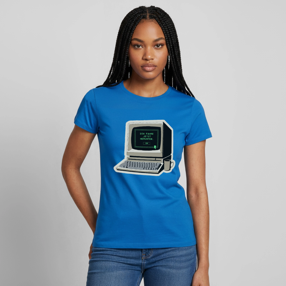 Ich fahre jetzt herunter. Motiv-T-Shirt für Frauen, Farbe Royalblau, Model