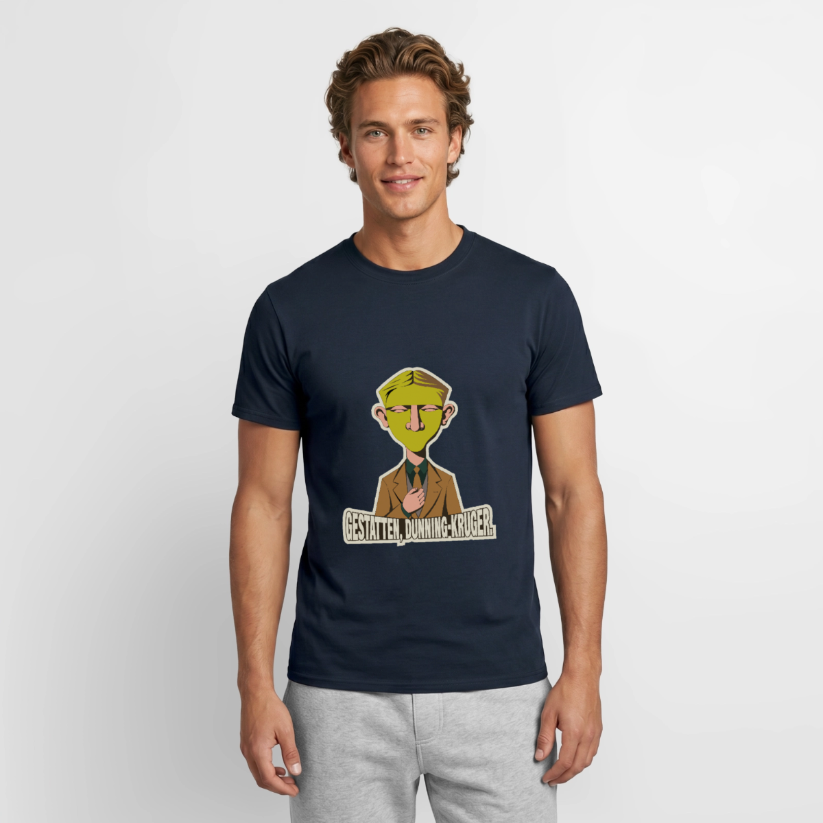 Gestatten, Dunning-Kruger. Neue-Sachlichkeit-Motiv Motiv-T-Shirt für Männer, Farbe Navy, Model