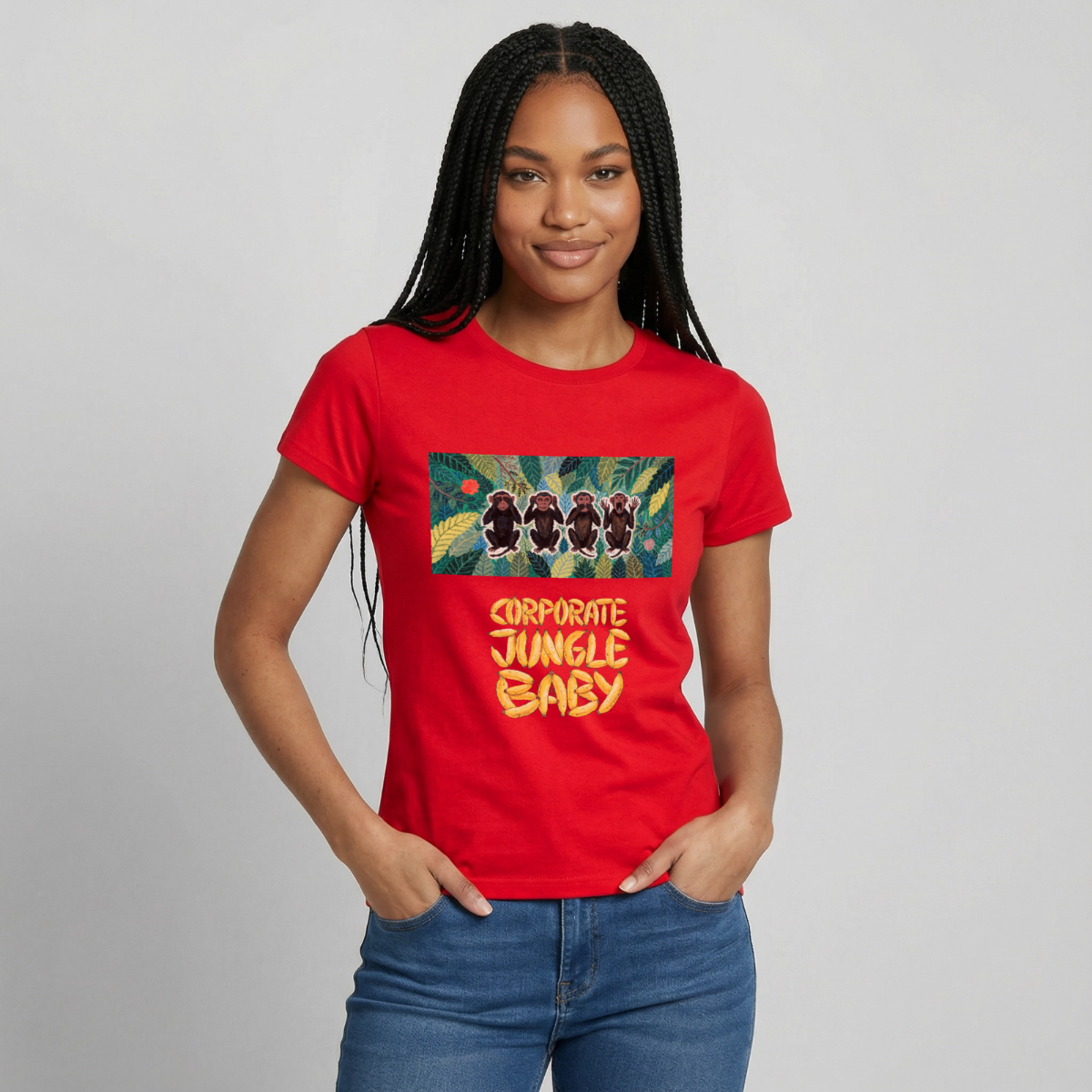 Corporate Jungle, Baby! Motiv-T-Shirt für Frauen, Farbe Rot, Model