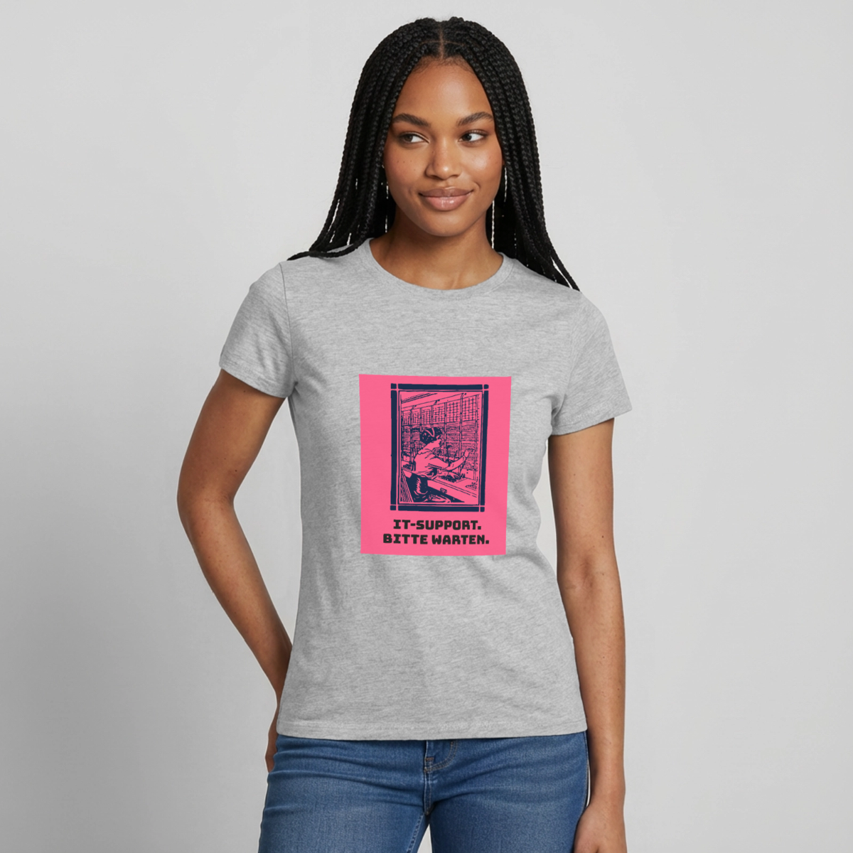 IT-Support. Bitte warten. Duotone-Motiv Motiv-T-Shirt für Frauen, Farbe Grau meliert, Model