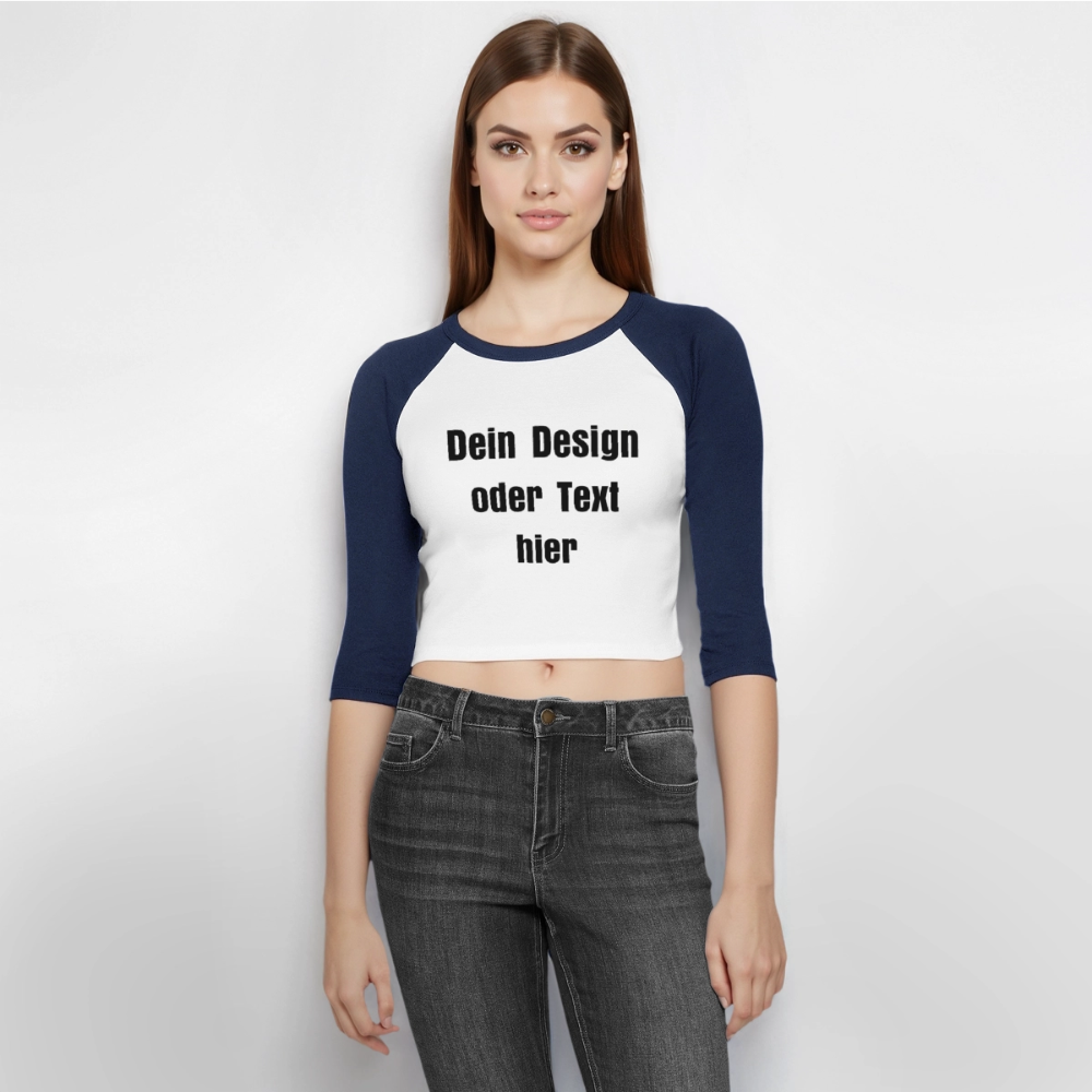 Frauen Cropped Baseball T-Shirt 3/4 Arm - personalisierbare Vorder- und Rückseite - Weiß/Navy 