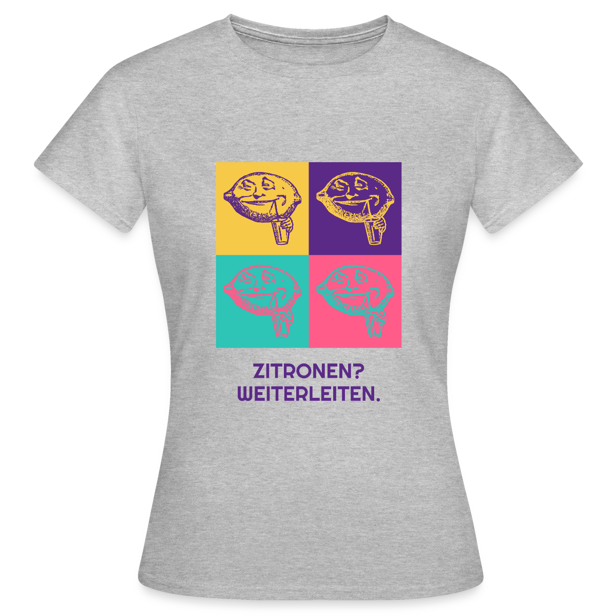 Zitronen? Weiterleiten. Pop-Art-Motiv Motiv-T-Shirt für Frauen, Farbe Grau meliert