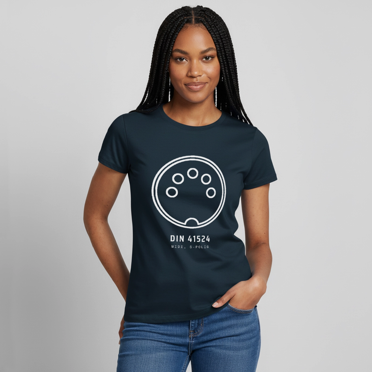 "DIN 41524, MIDI 5-polig" Motiv-T-Shirt für Frauen, Farbe Navy