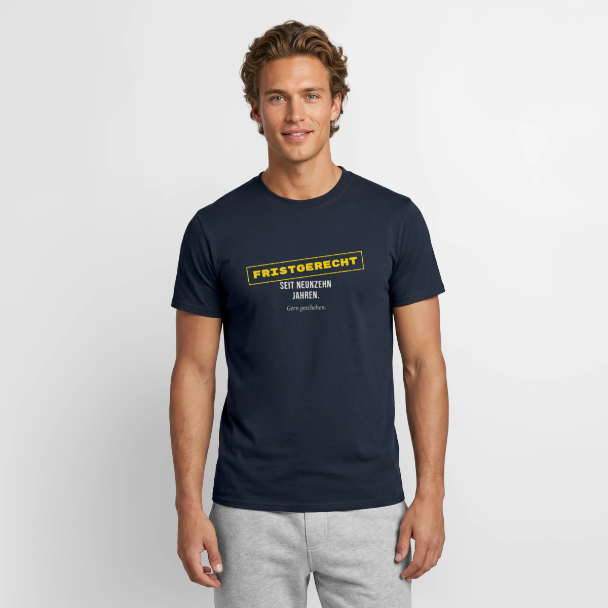 "Fristgerecht seit neunzehn Jahren. Gern geschehen." Motiv-T-Shirt für Männer, Farbe Navy