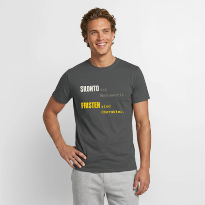 "Skonto ist Mathematik. Fristen sind Charakter." Motiv-T-Shirt für Männer, Farbe Anthrazit