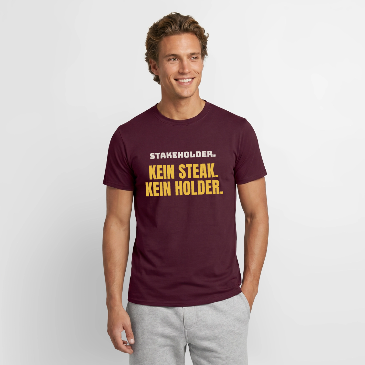 "Stakeholder. Kein Steak. Kein Holder." Motiv-T-Shirt für Männer, Farbe Ziegelrot
