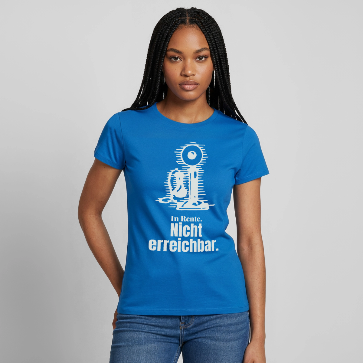 "In Rente. Nicht erreichbar. Strichzeichnung" Motiv-T-Shirt für Frauen, Farbe Royalblau