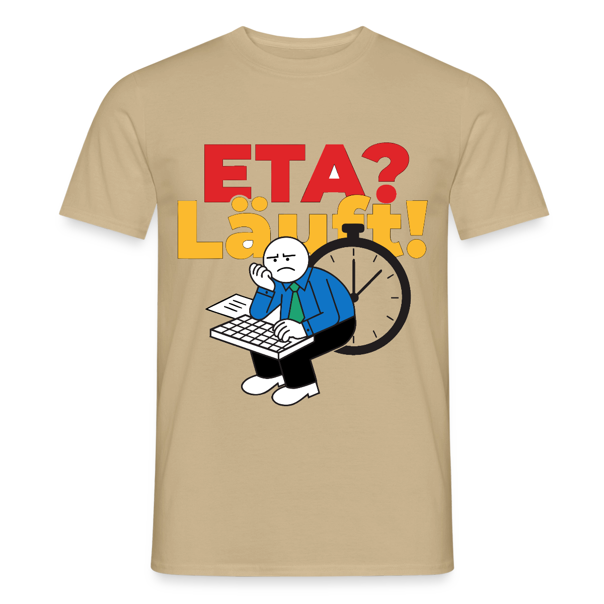 "ETA? Läuft! Strichfiguren-Motiv" Motiv-T-Shirt für Männer, Farbe Sandbeige