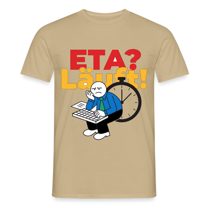 "ETA? Läuft! Strichfiguren-Motiv" Motiv-T-Shirt für Männer, Farbe Sandbeige