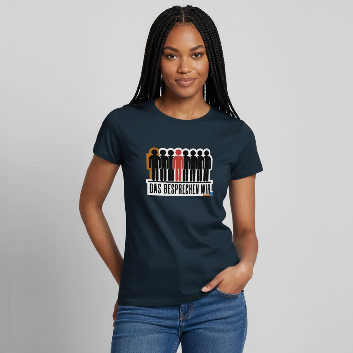 "Das besprechen wir. Isotype-Motiv" Motiv-T-Shirt für Frauen, Farbe Navy