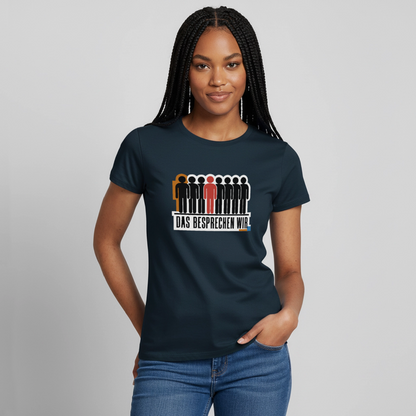 "Das besprechen wir. Isotype-Motiv" Motiv-T-Shirt für Frauen, Farbe Navy