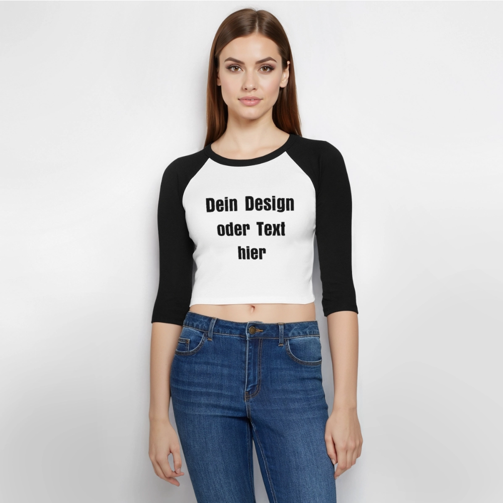 Frauen Cropped Baseball T-Shirt 3/4 Arm - personalisierbare Vorder- und Rückseite - Weiß/Schwarz