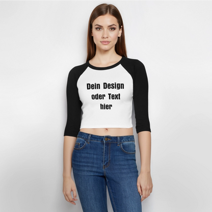 Frauen Cropped Baseball T-Shirt 3/4 Arm - personalisierbare Vorder- und Rückseite - Weiß/Schwarz