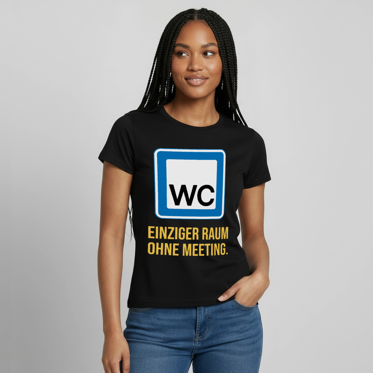 "WC: einziger Raum ohne Meeting. Schild-Motiv" Motiv-T-Shirt für Frauen, Farbe Schwarz