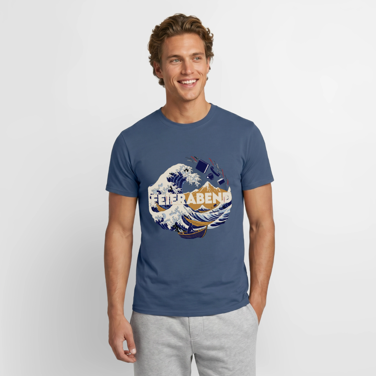 "Feierabend. Ukiyo-e-Motiv" Motiv-T-Shirt für Männer, Farbe Dunkles Denimblau