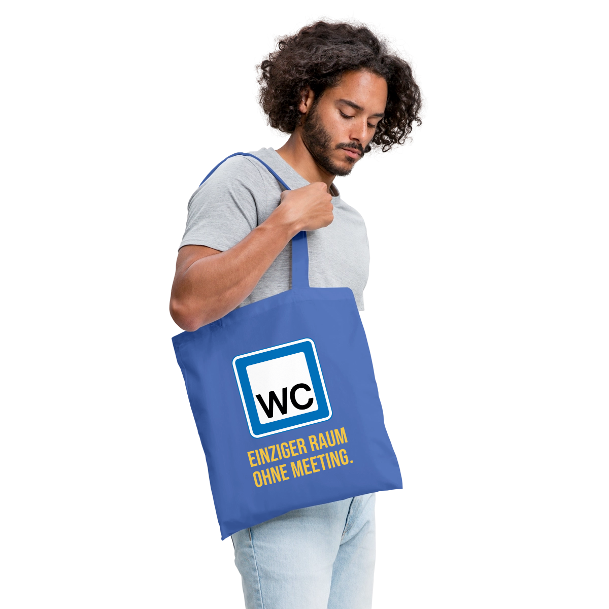 "WC: einziger Raum ohne Meeting. Schild-Motiv" Stoffbeutel, Farbe Hellblau