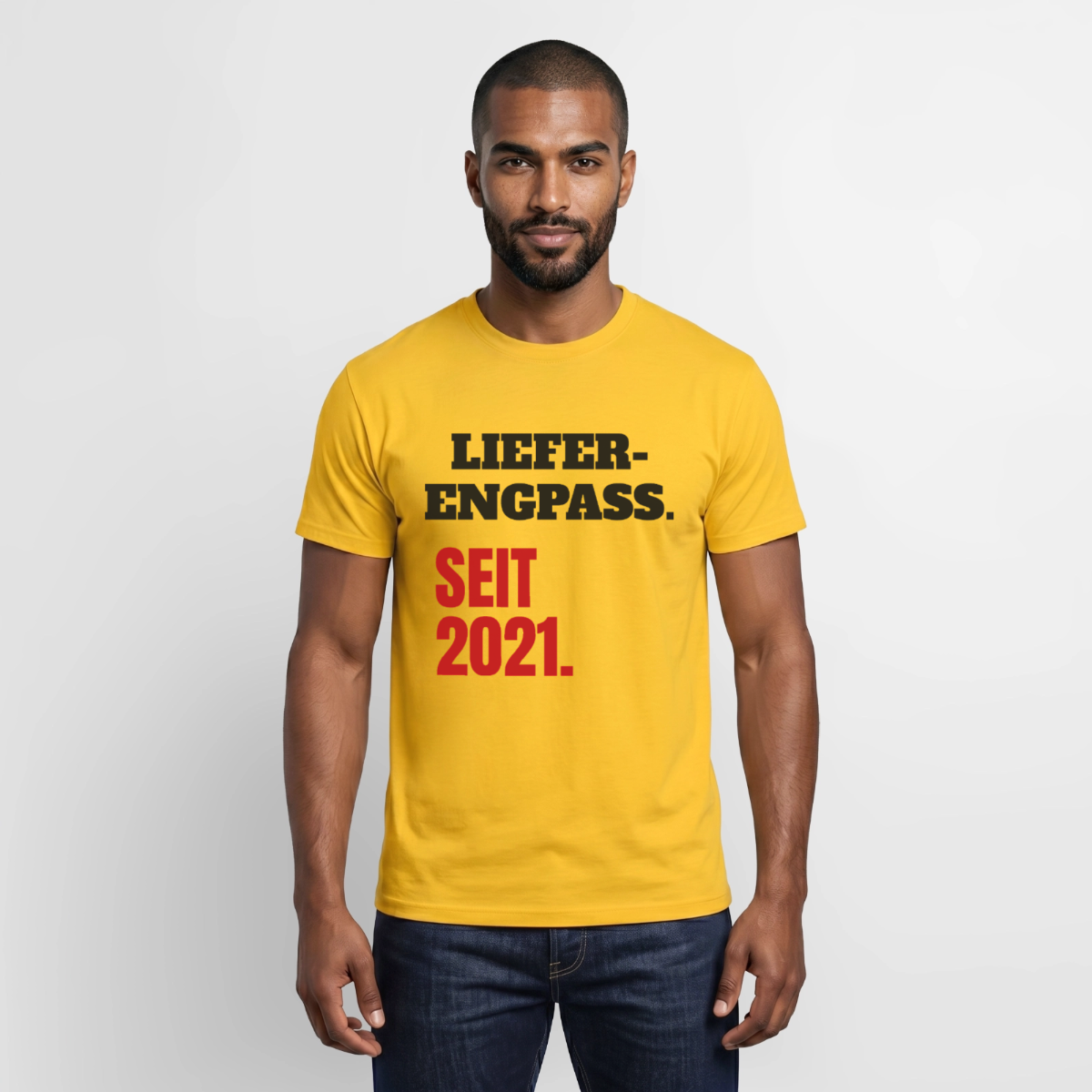"Lieferengpass. Seit 2021." Motiv-T-Shirt für Männer, Farbe Gelb