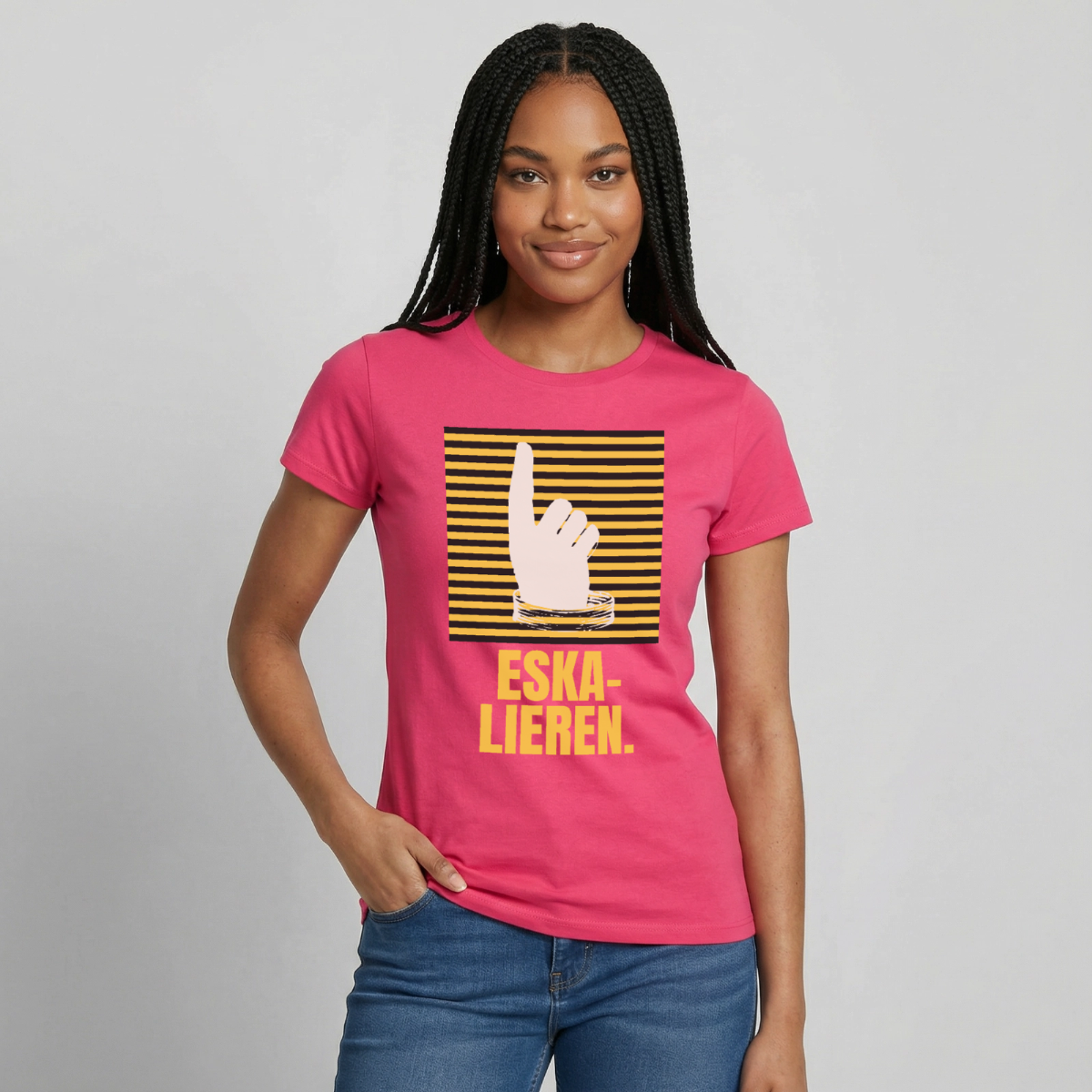 "Eskalieren." Motiv-T-Shirt für Frauen, Farbe Azalea