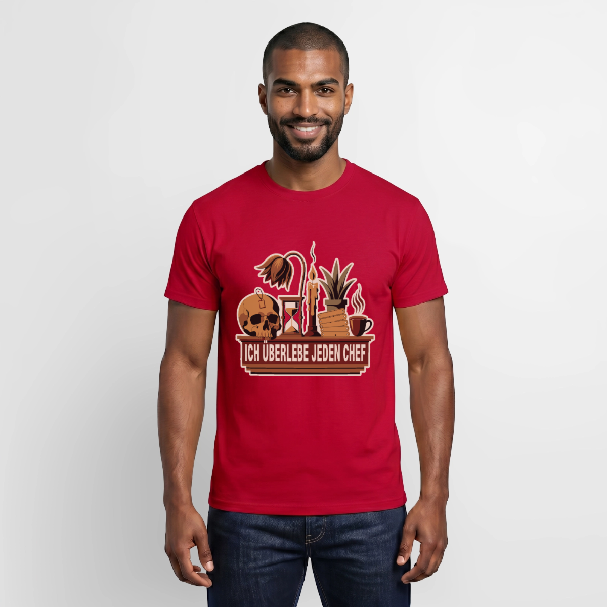 Ich überlebe jeden Chef. Motiv-T-Shirt für Männer, Farbe Rot, Model