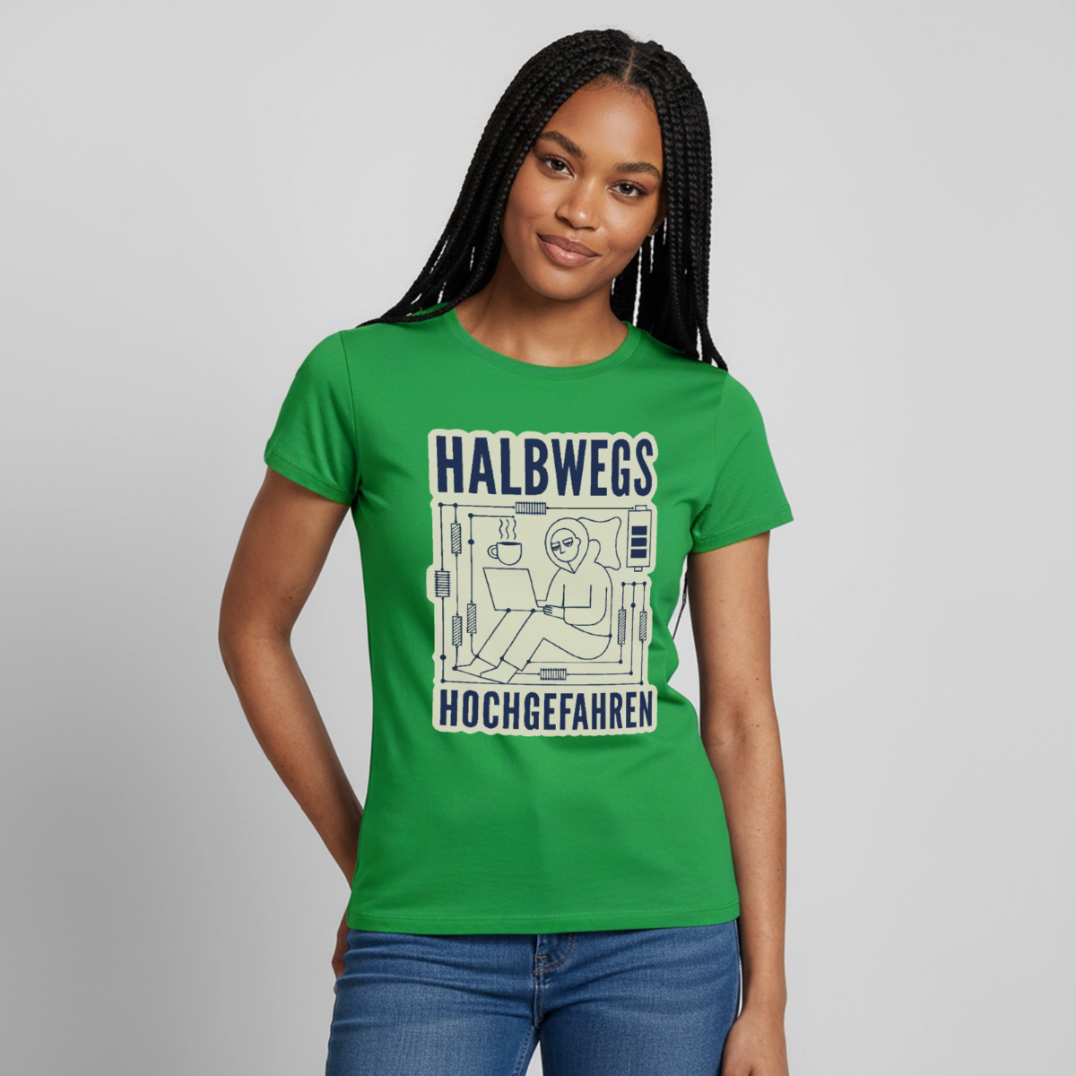 Halbwegs hochgefahren. Motiv-T-Shirt für Frauen, Farbe Kelly Green, Model