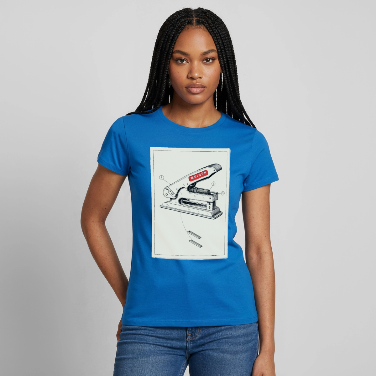Meiner. Der Tacker kommt mit. Motiv-T-Shirt für Frauen, Farbe Royalblau, Model