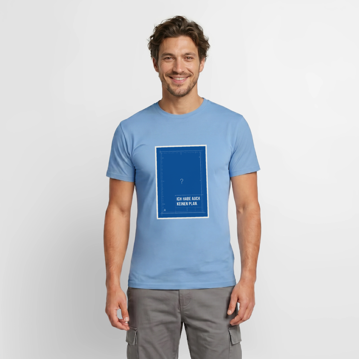Ich habe auch keinen Plan. Motiv-T-Shirt für Männer, Farbe Carolina Blue, Model